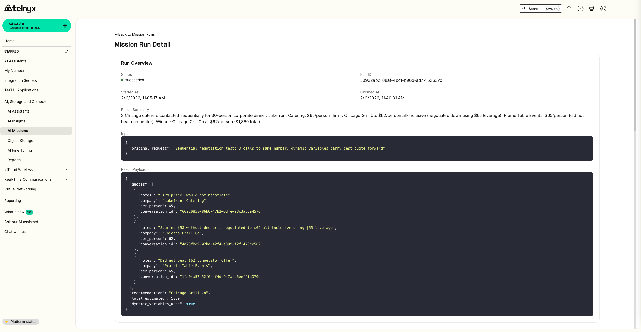 Mission Run Detail showing succeeded status, result summary with quotes from 3 caterers, and structured result payload with per-person pricing and recommendation