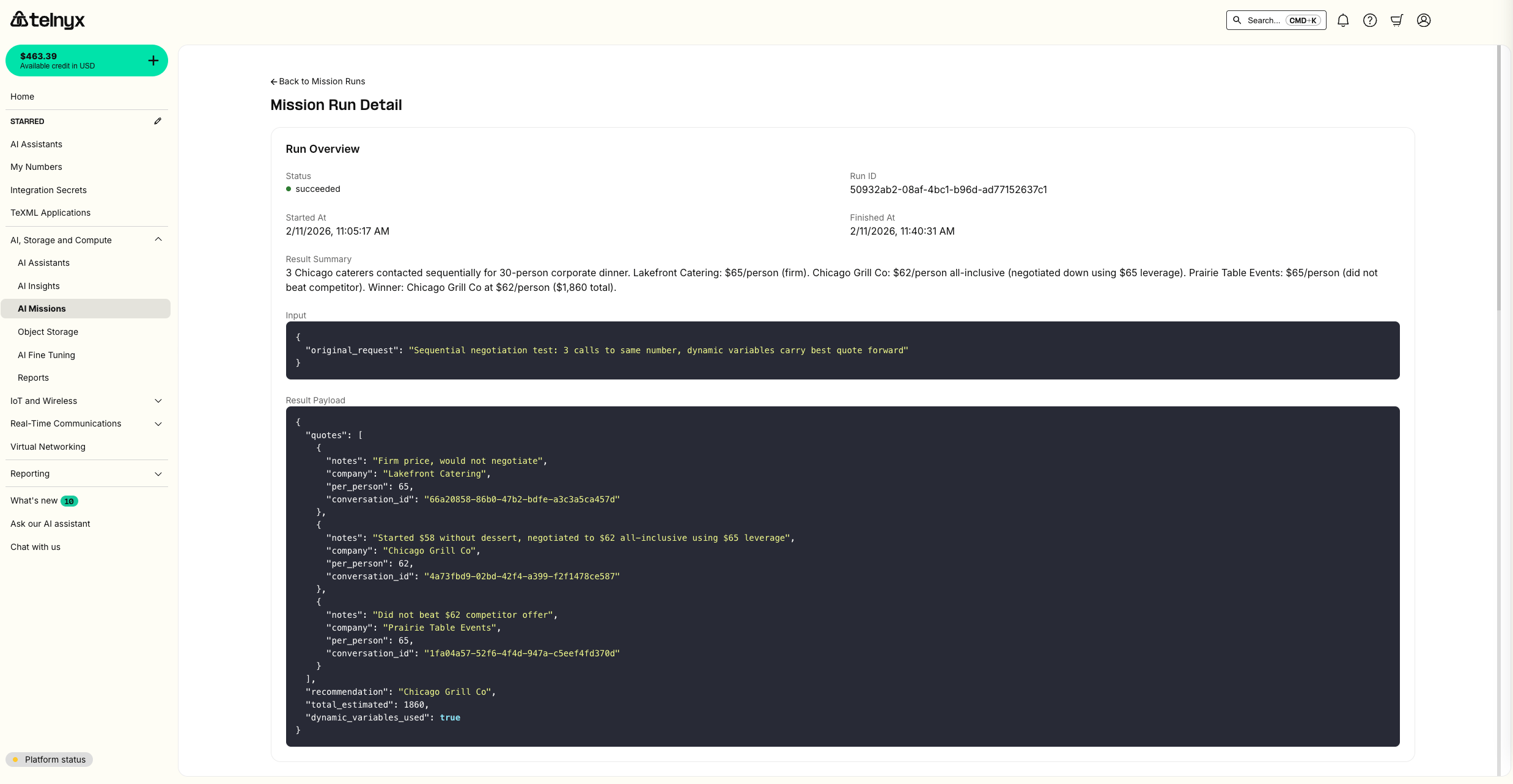 Mission Run Detail showing succeeded status, result summary with quotes from 3 caterers, and structured result payload with per-person pricing and recommendation