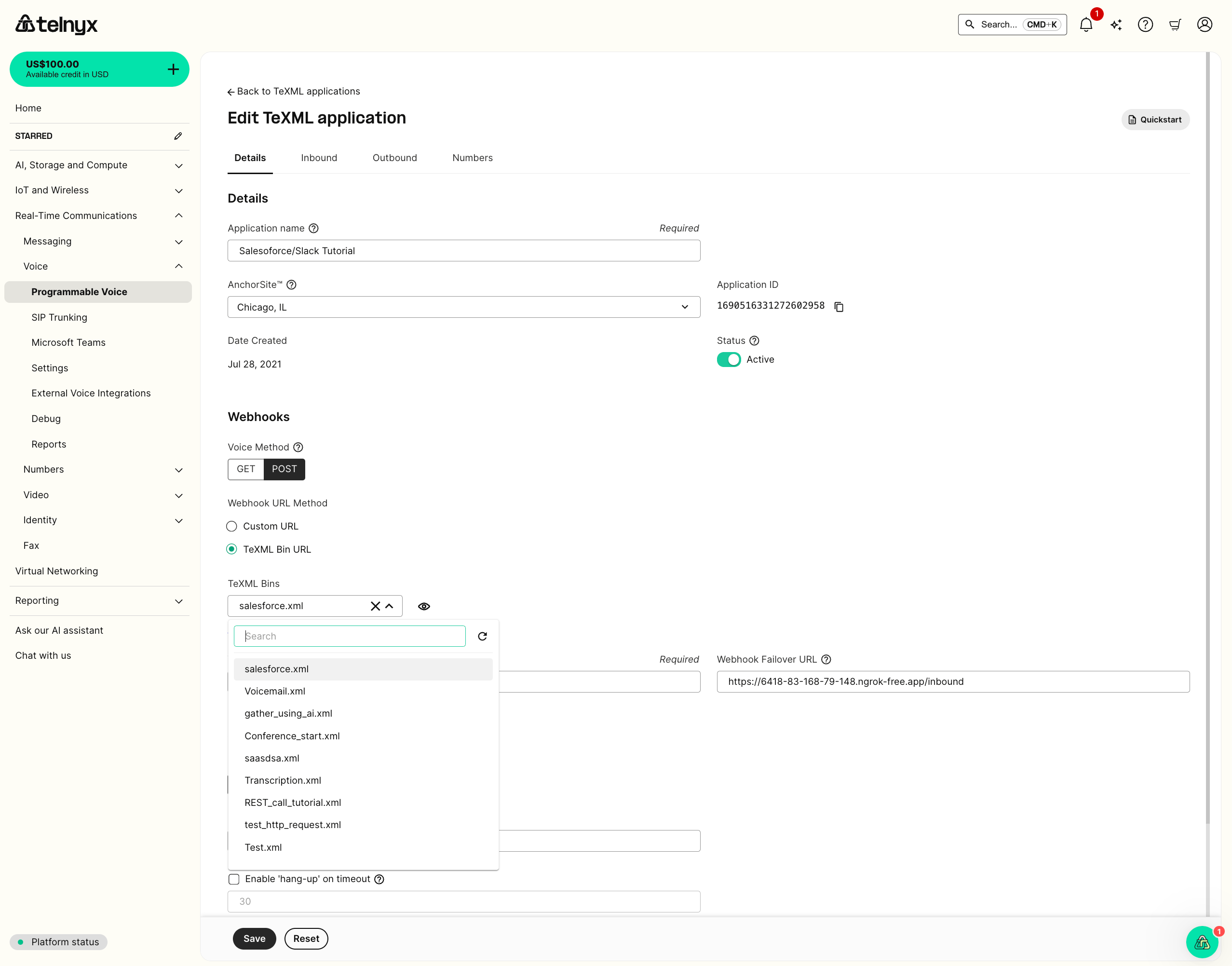 TeXML application setup