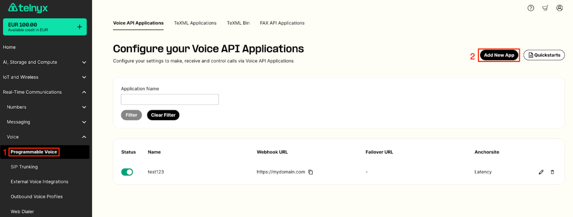 Configure Your Voice API Applications in the Mission Control Portal