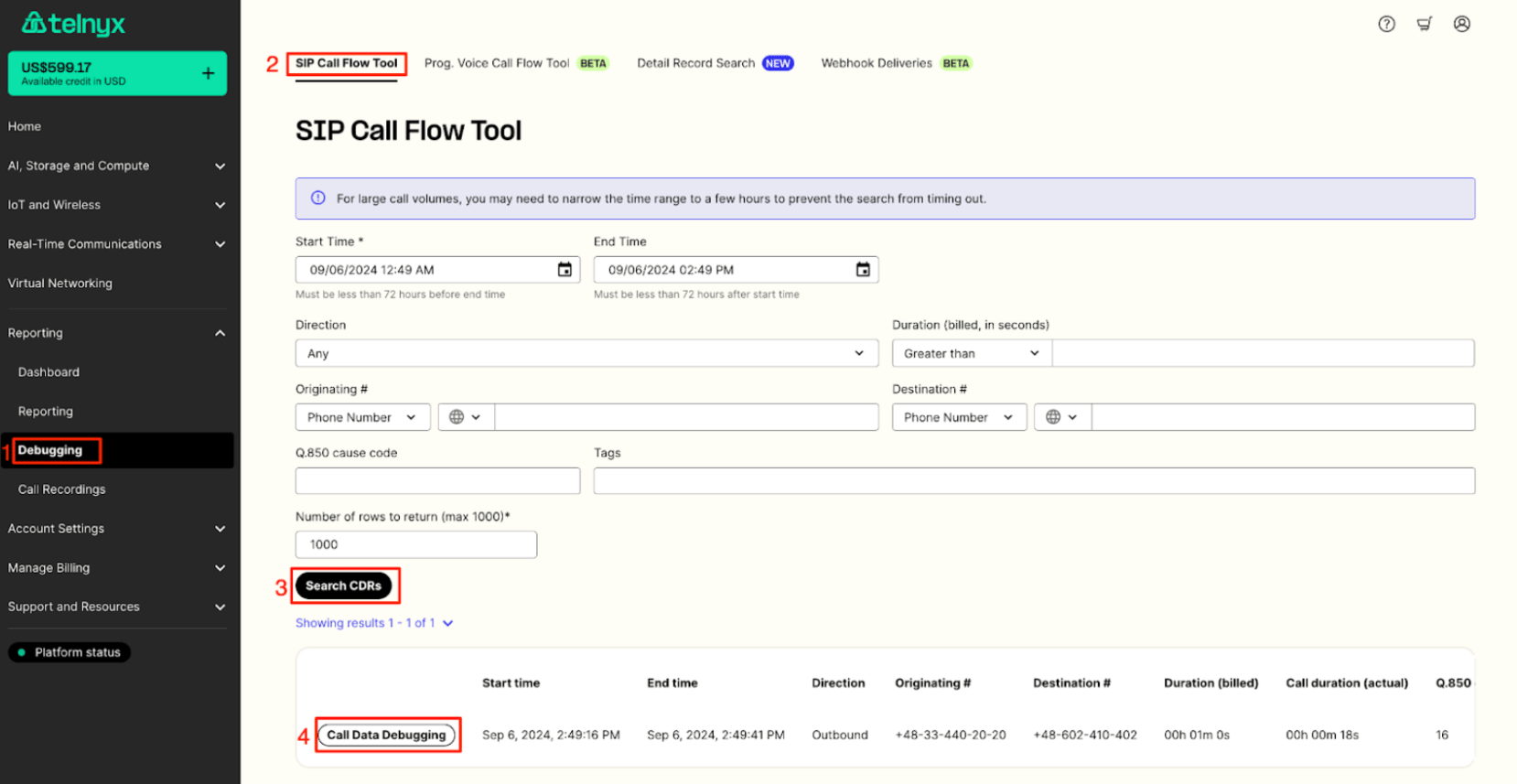 Debugging SIP Call Flow Tool in the Mission Control Portal