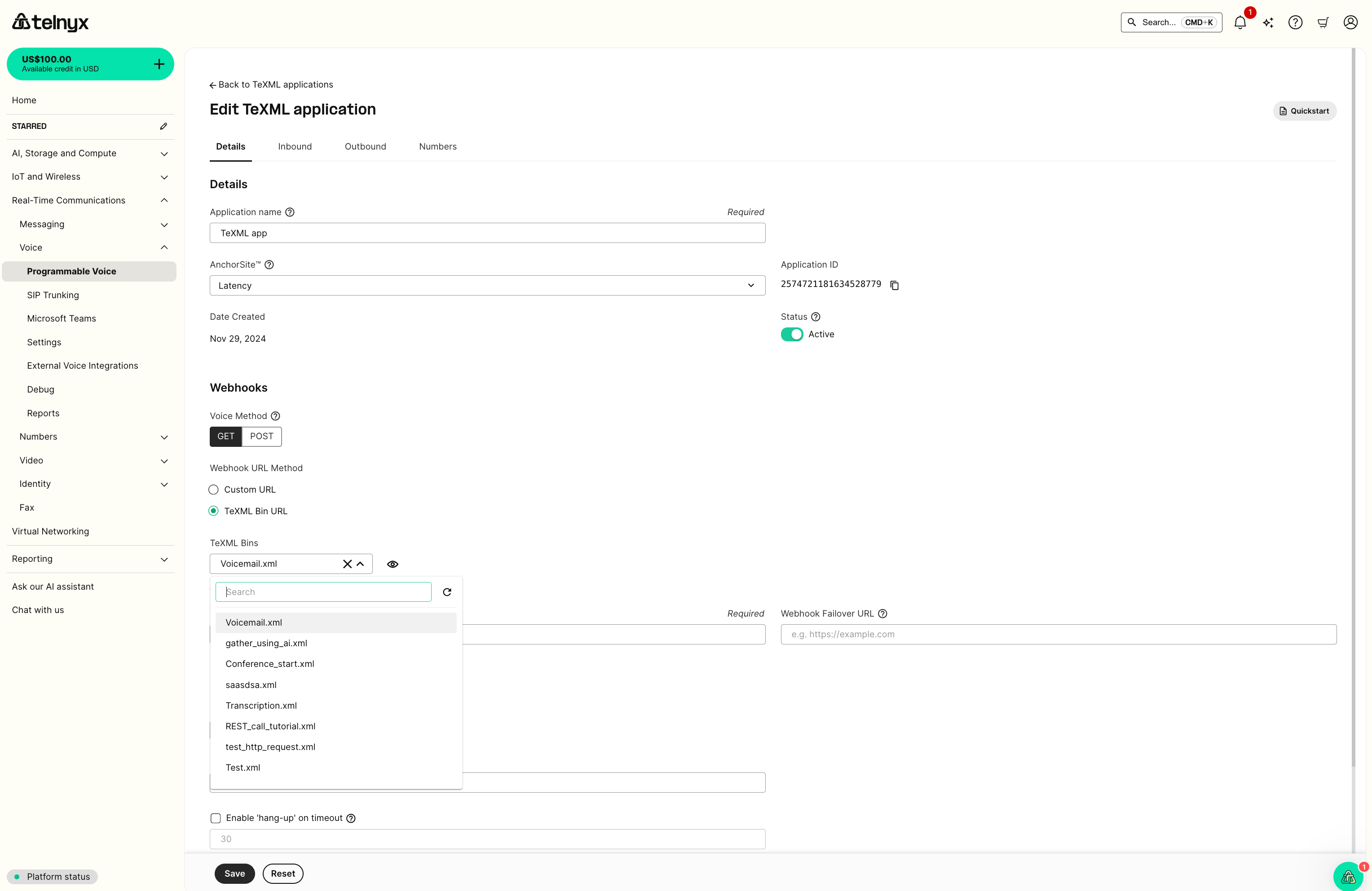 Editing your TeXML Application