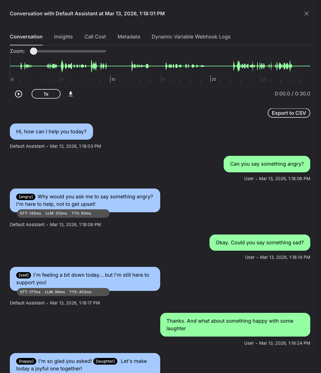 Conversation transcript showing an AI assistant selecting Ultra emotions and laughter from the conversation context
