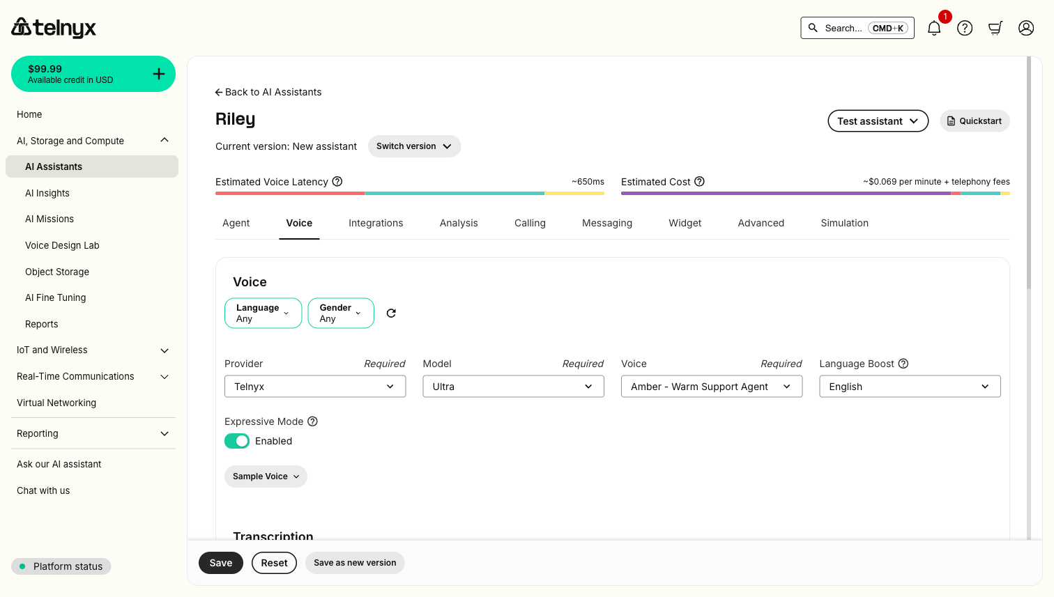 AI Assistant voice settings with a Telnyx Ultra voice and Expressive Mode enabled