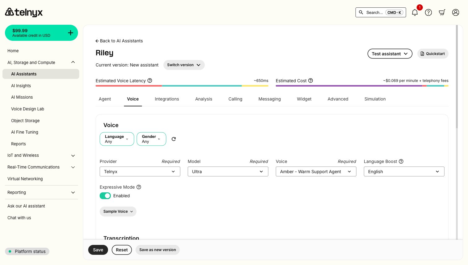 AI Assistant voice settings with a Telnyx Ultra voice and Expressive Mode enabled