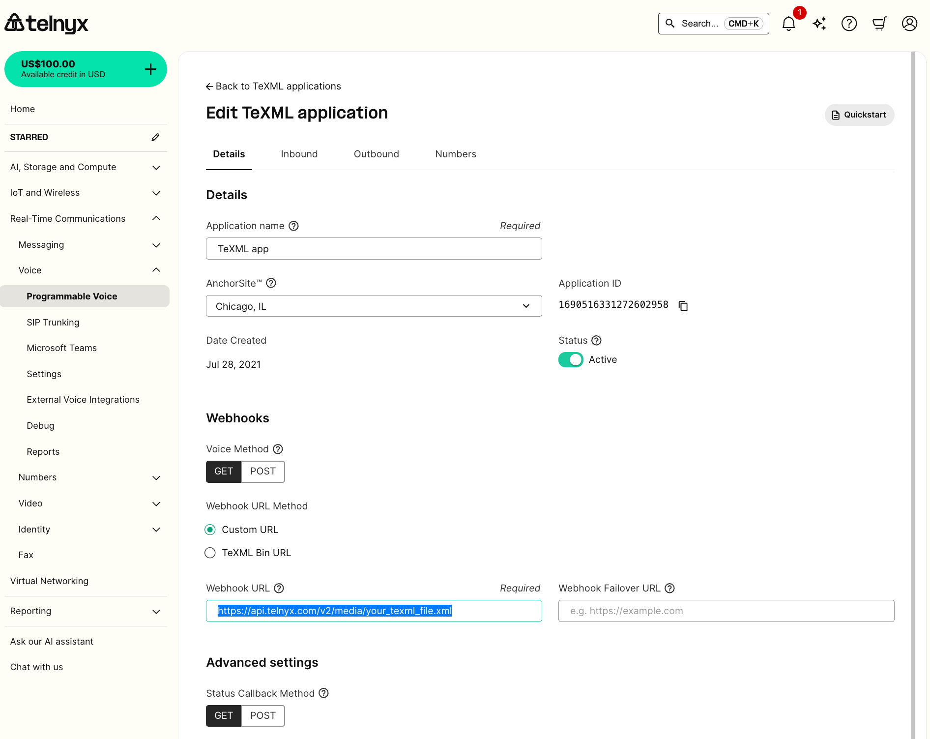Configuring a TeXML Application to point at a TeXML File URL