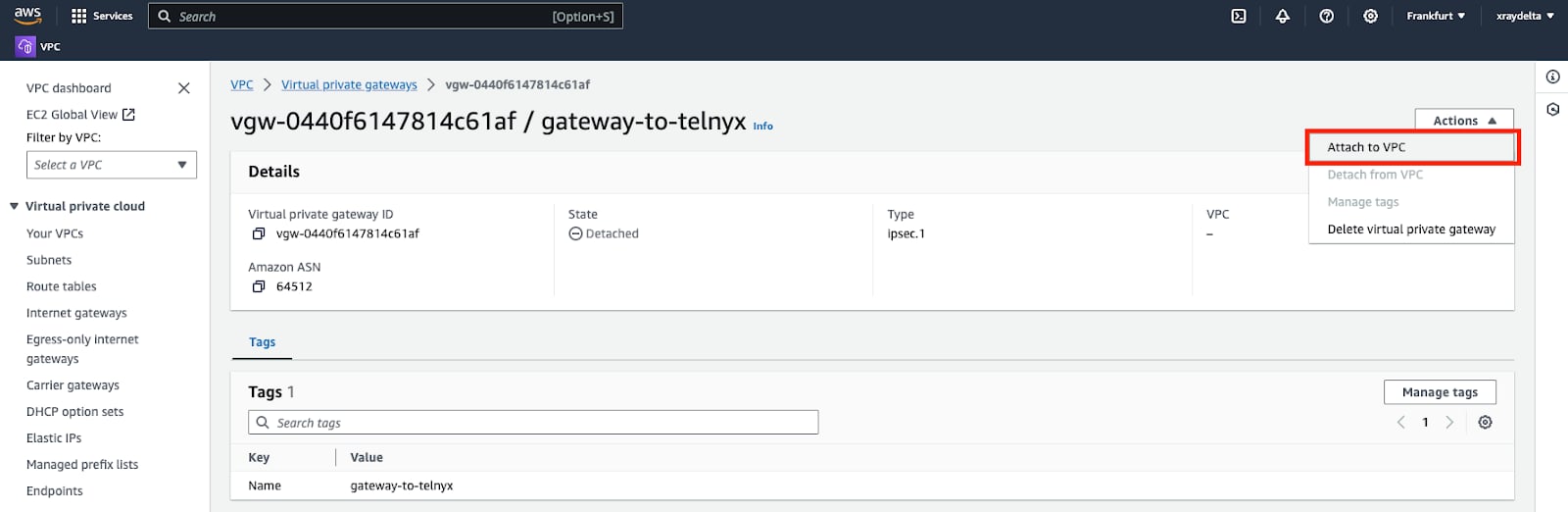 AWS Attach Virtual Private Gateway