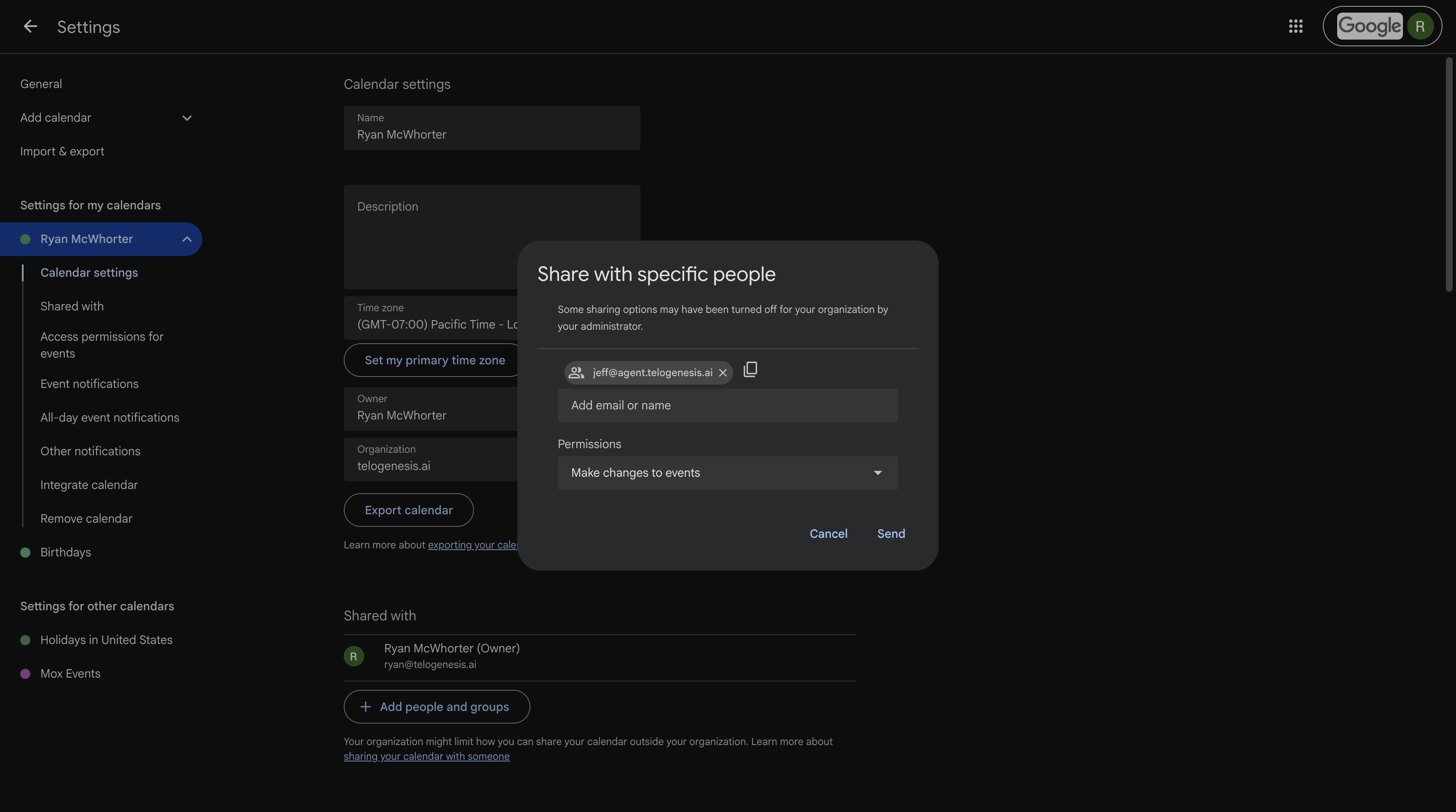 Permission level dropdown showing Make changes to events