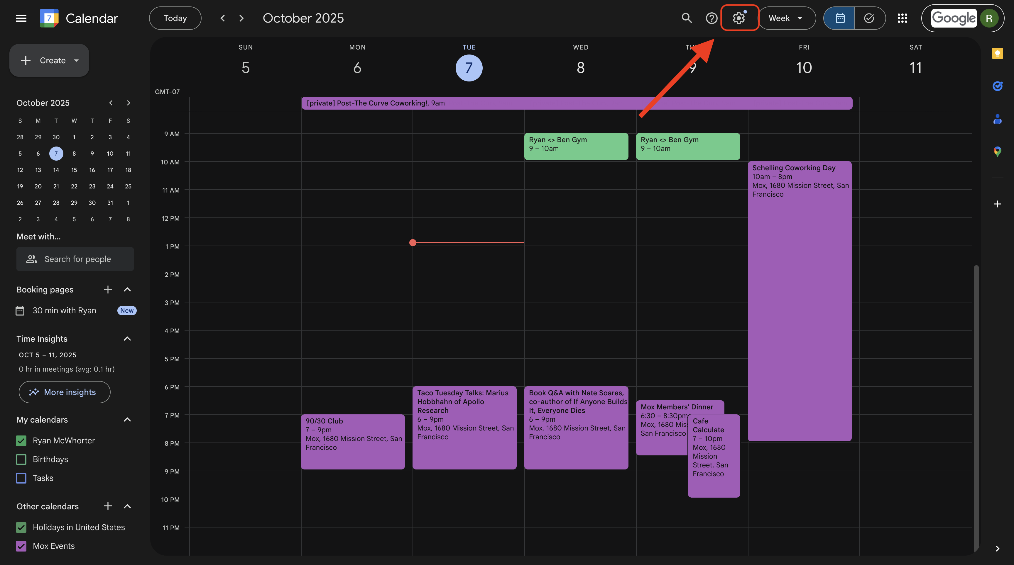 Google Calendar settings menu