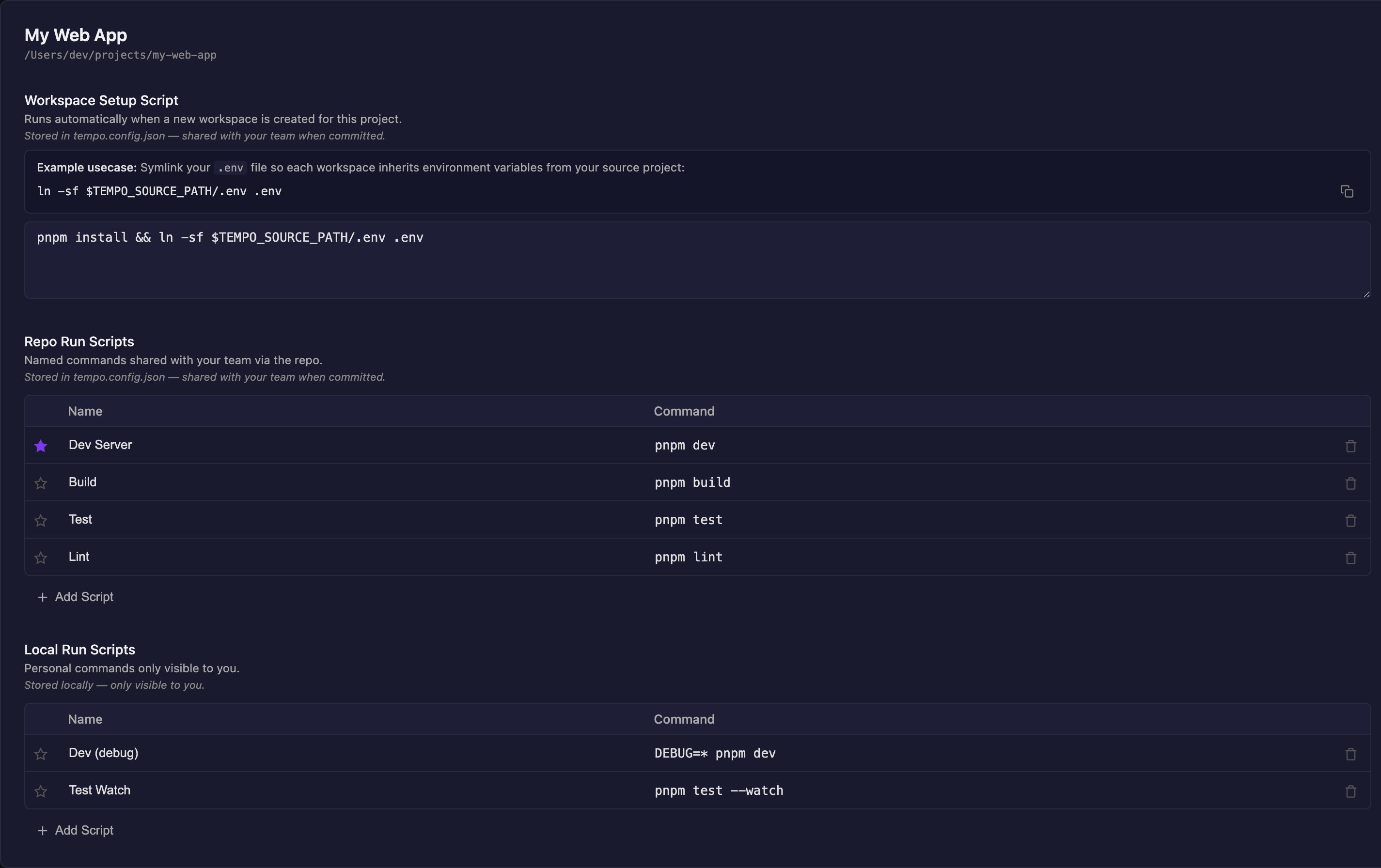 Project scripts settings panel showing setup script, repo run scripts, and private run scripts