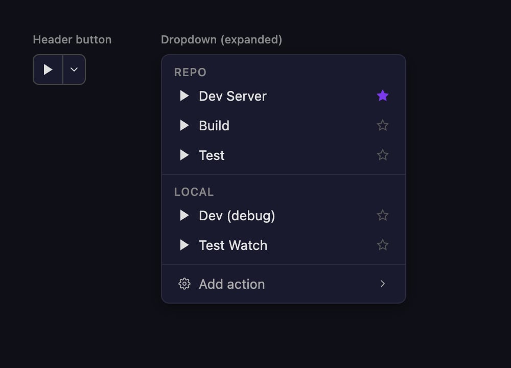 Run action button and dropdown showing repo and private scripts with favorite stars