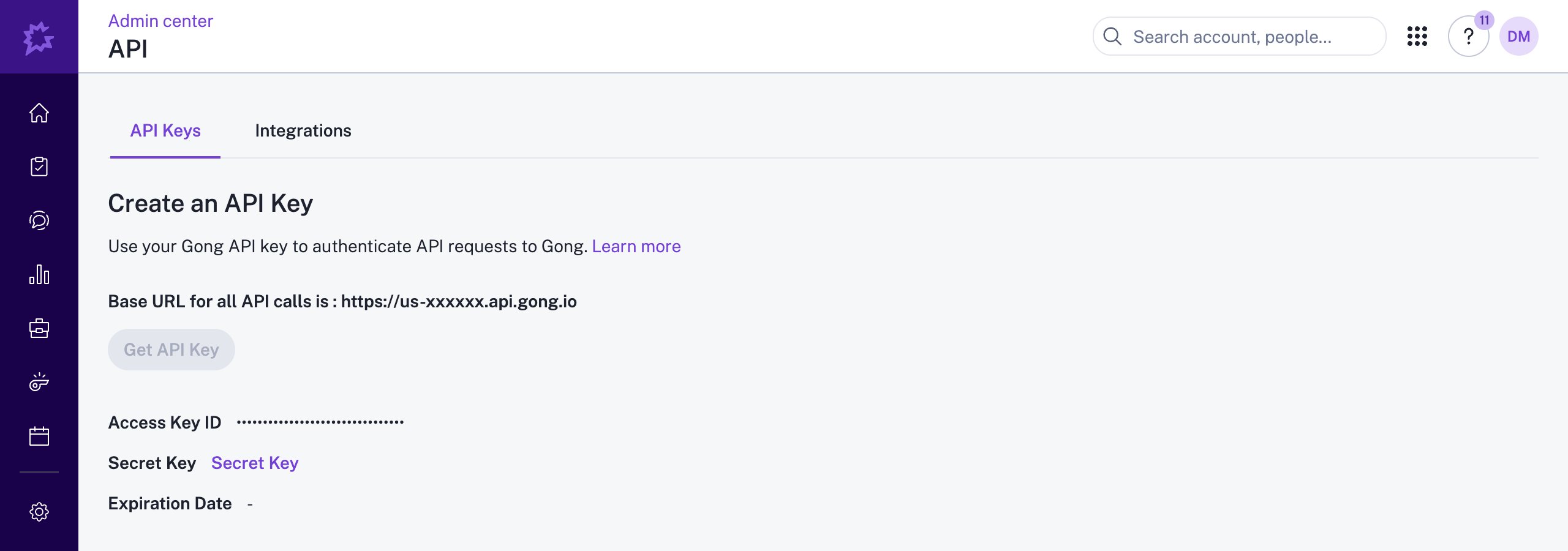 Gong Admin center showing the new Access Key ID and Secret Key after clicking Get API Key