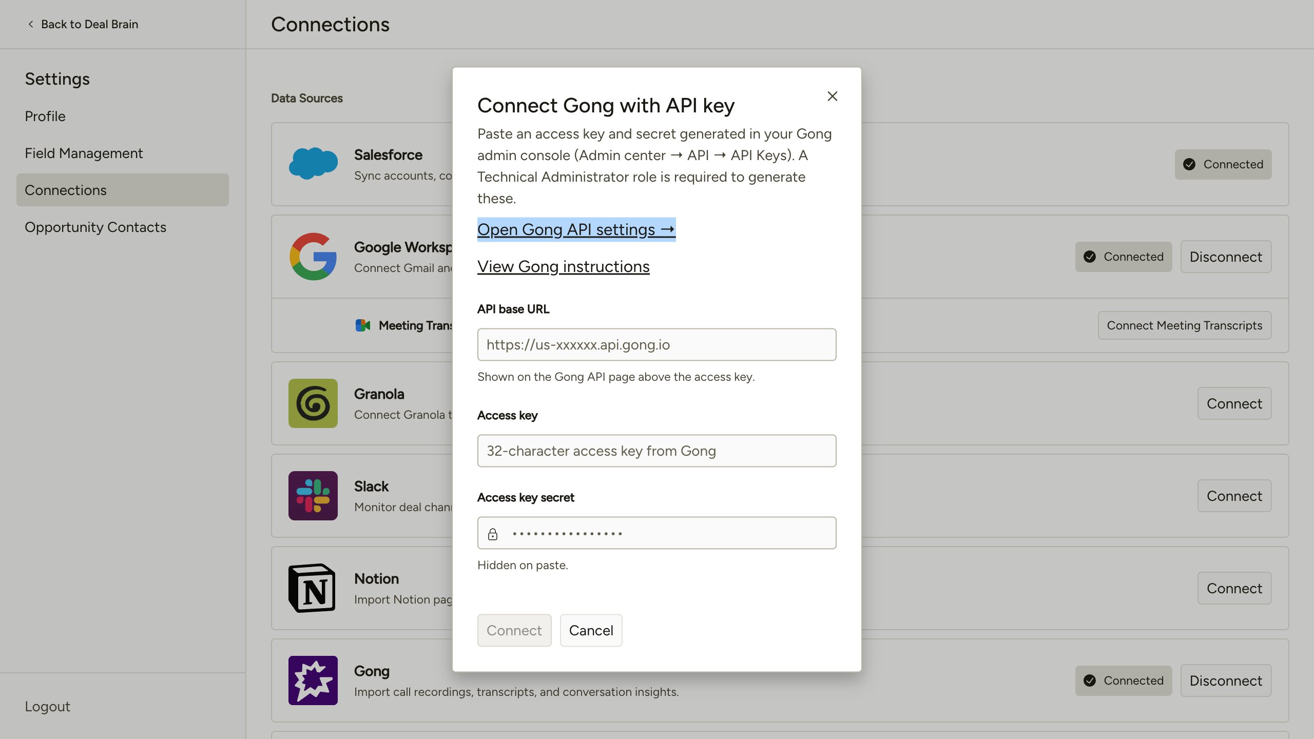 Connect Gong with API key dialog in Deal Brain showing fields for API base URL, Access key, and Access key secret
