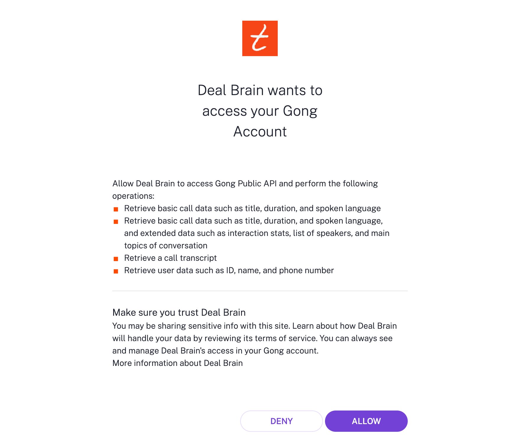 Gong OAuth consent screen showing Deal Brain requesting access to call data, transcripts, and user data