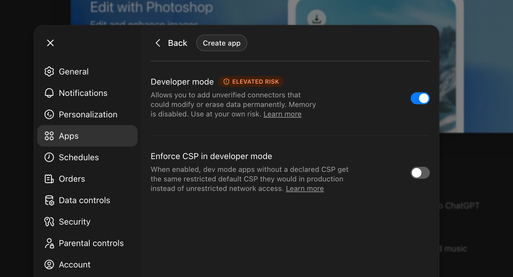 ChatGPT Apps settings with Developer mode toggle