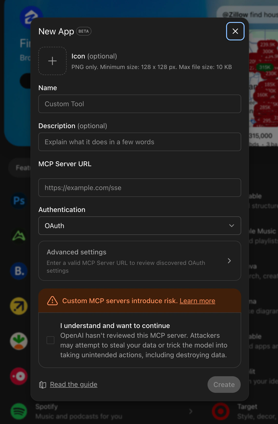 ChatGPT New App dialog showing Name, MCP Server URL, and Authentication fields