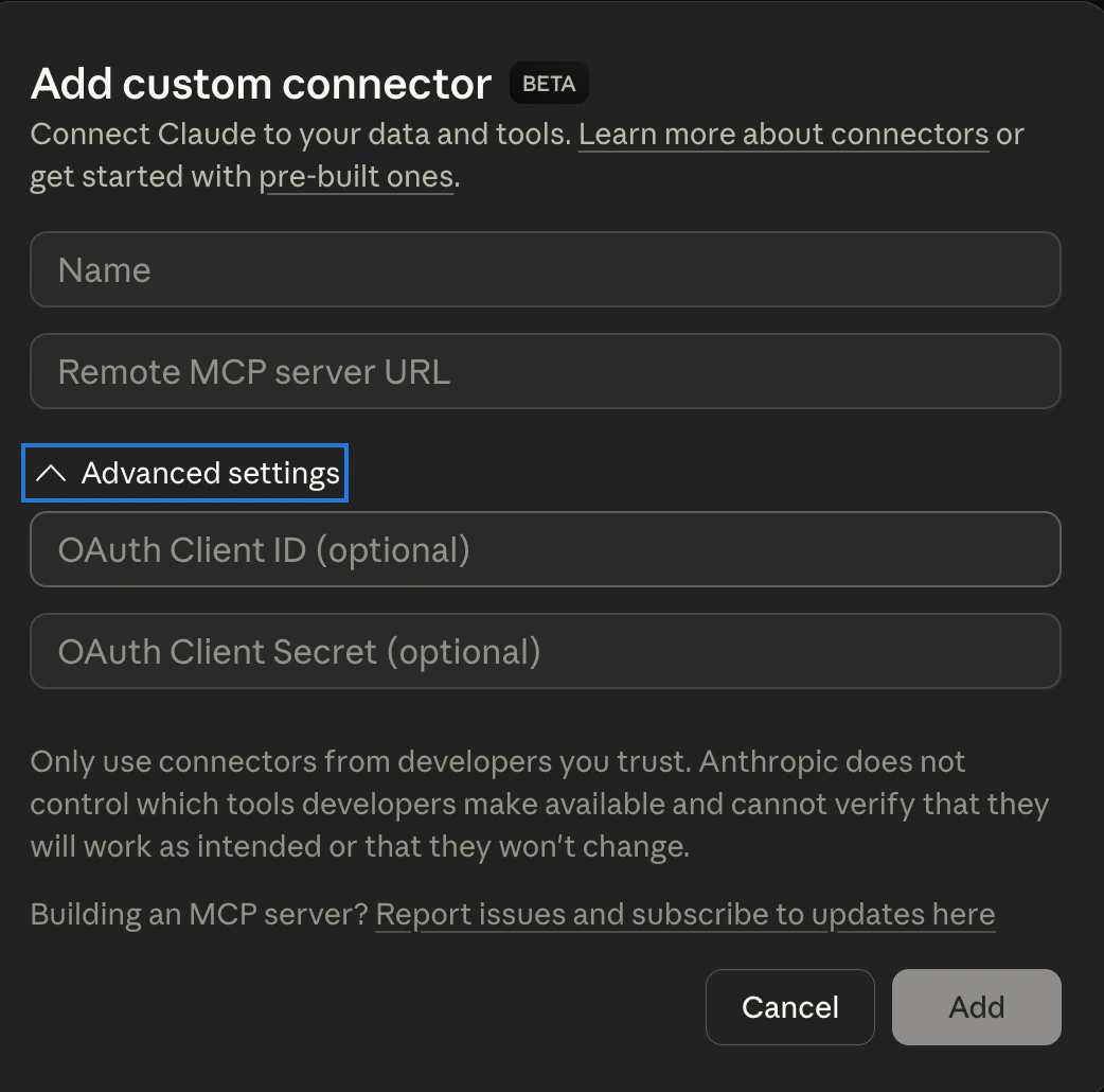 Add custom connector dialog showing Name and Remote MCP server URL fields