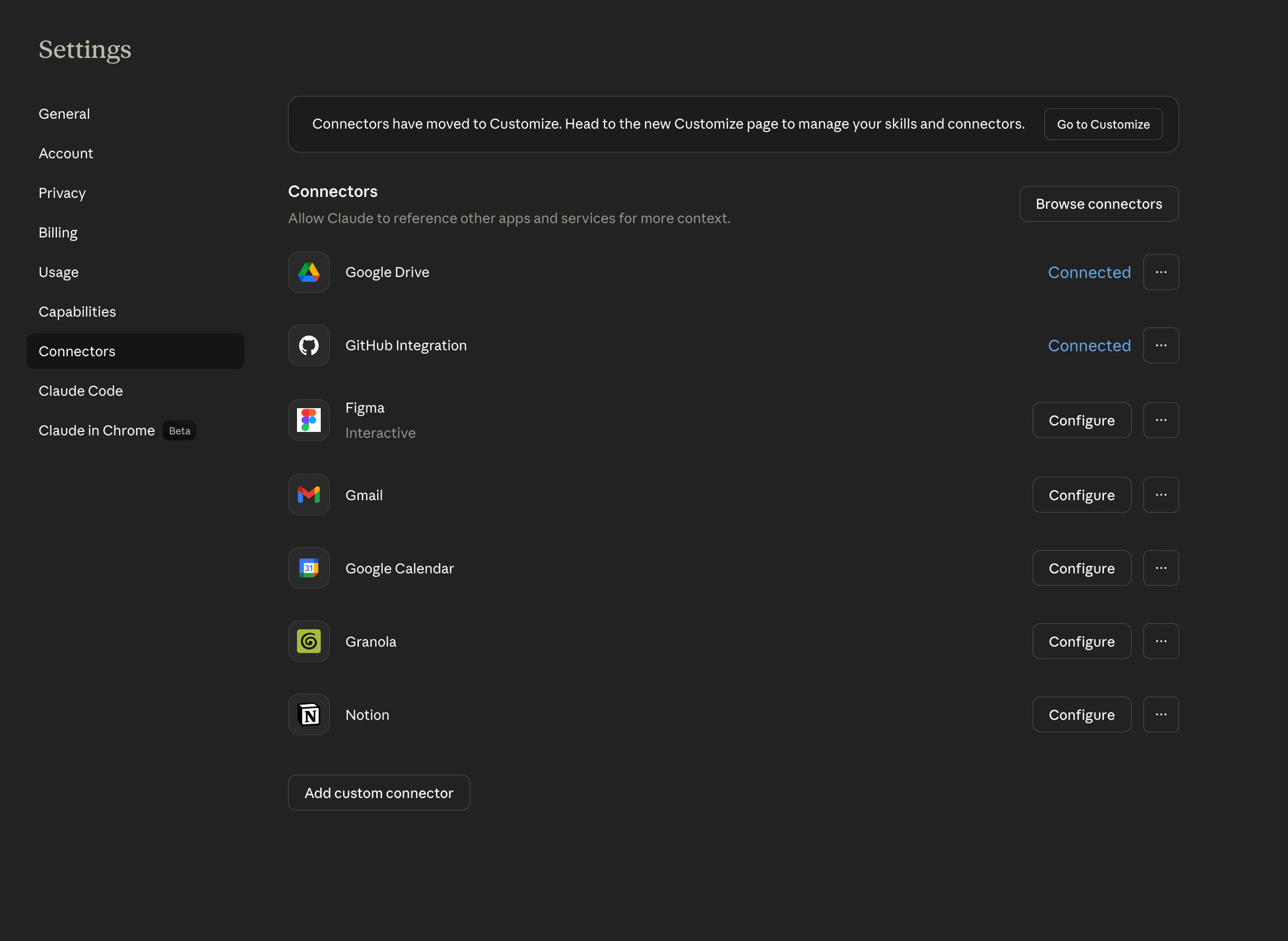 Claude Settings showing the Connectors page