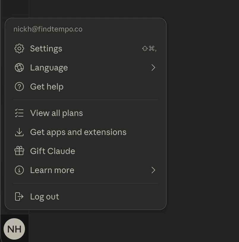 Claude profile menu with Settings highlighted