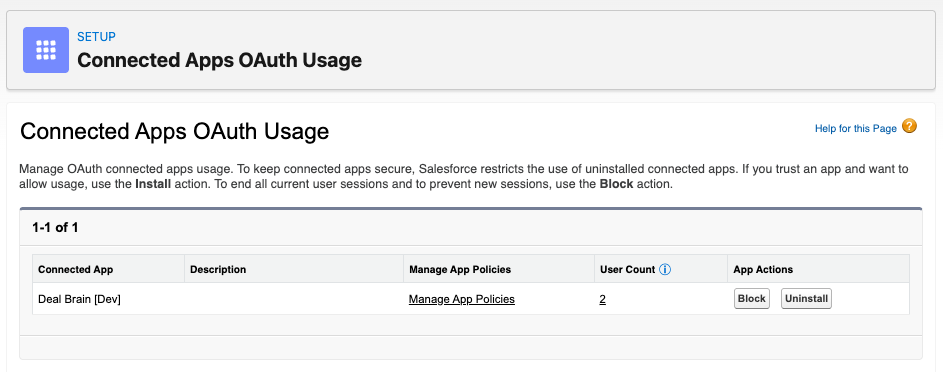 Connected Apps OAuth Usage in Salesforce showing Deal Brain installed