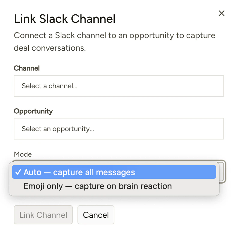 Linking a Slack channel to an opportunity and selecting an ingest mode
