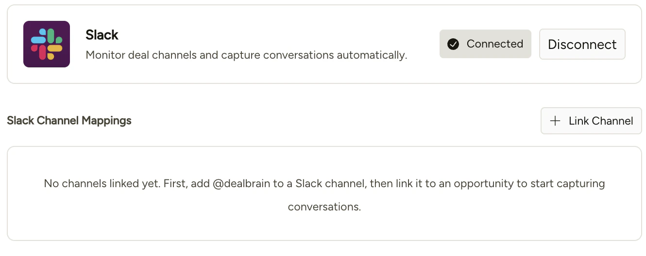 Connections page showing Slack connected with no channels linked