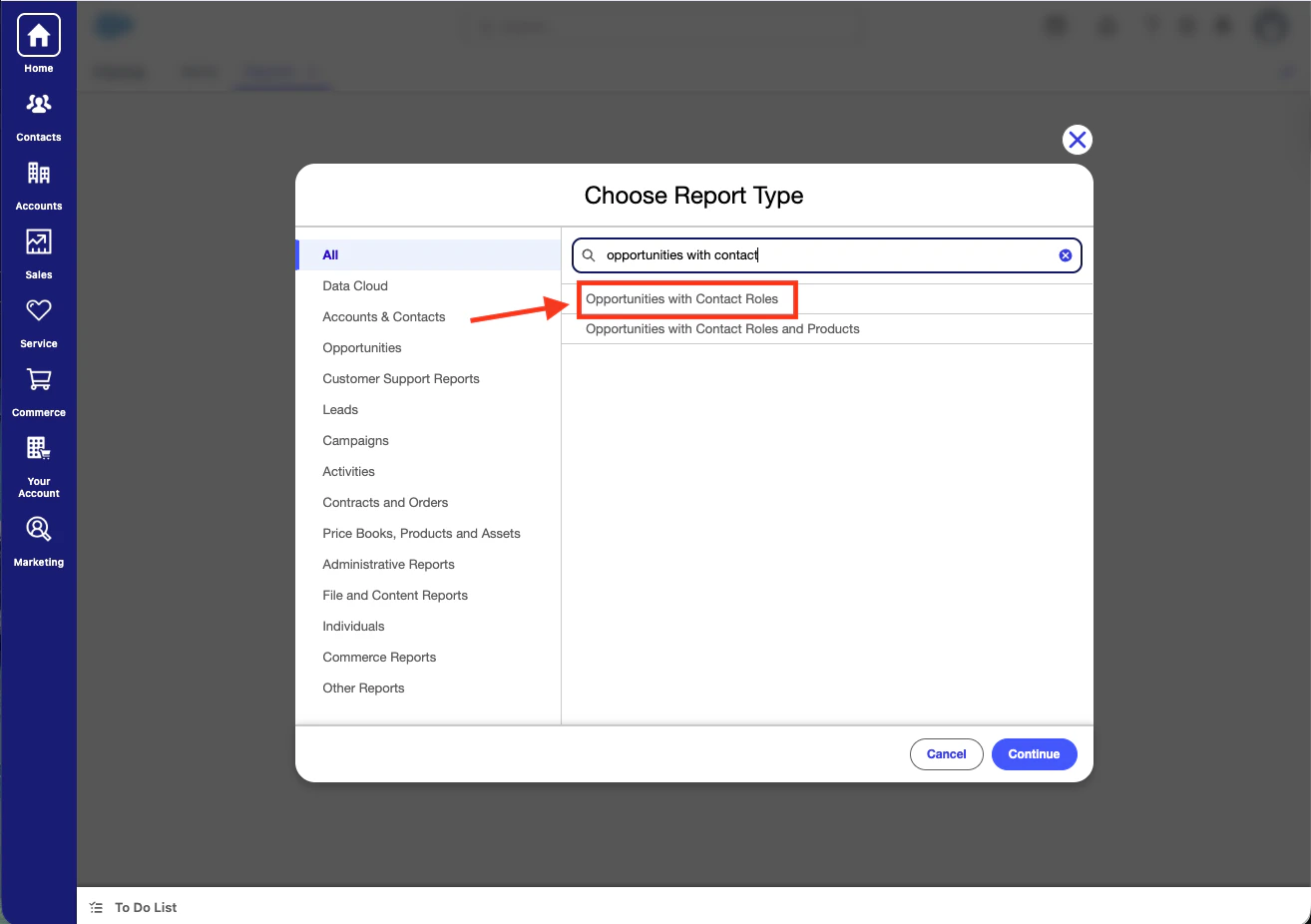 Salesforce Choose Report Type dialog with 'Opportunities with Contact Roles' selected