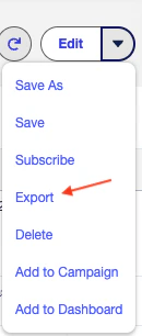 Salesforce report actions menu with Export highlighted