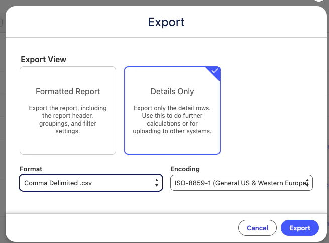 Salesforce Export dialog with Details Only and Comma Delimited .csv selected