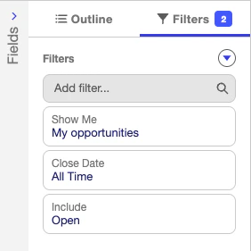 Salesforce report Filters panel showing Show Me, Close Date, and Include filters