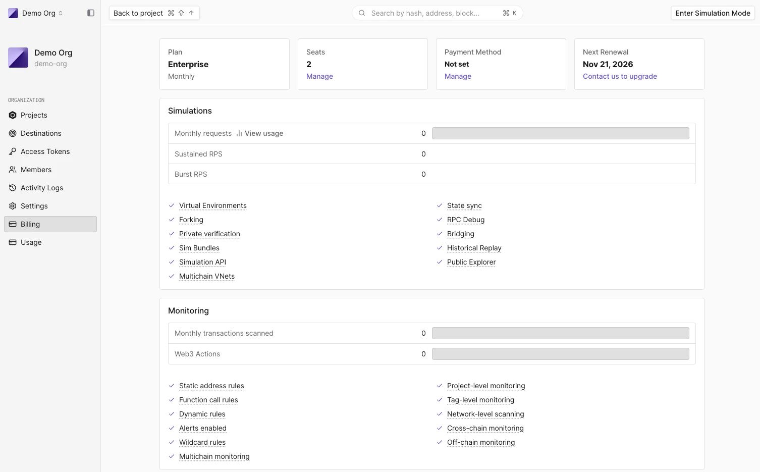 Billing page with the plan summary and the Simulations and Monitoring cards