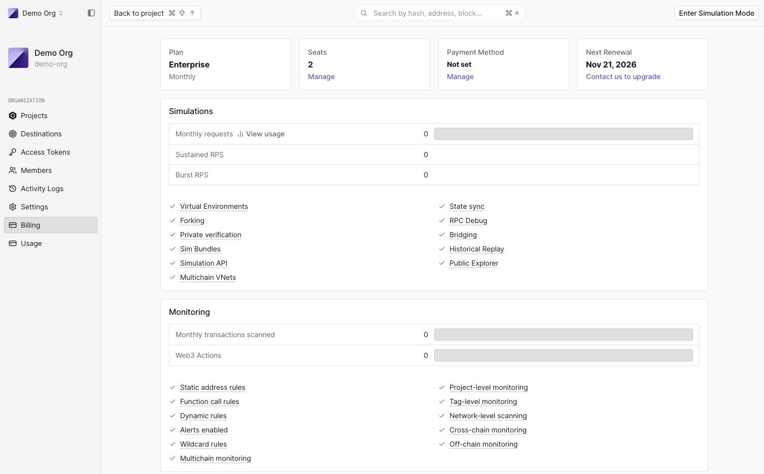 Billing page with the plan summary and the Simulations and Monitoring cards