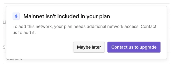 Mainnet isn't included in your plan dialog