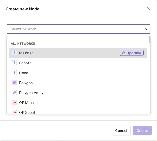Create new Node network picker with the Upgrade tag on a network outside the plan