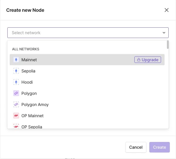 Create new Node network picker with the Upgrade tag on a network outside the plan
