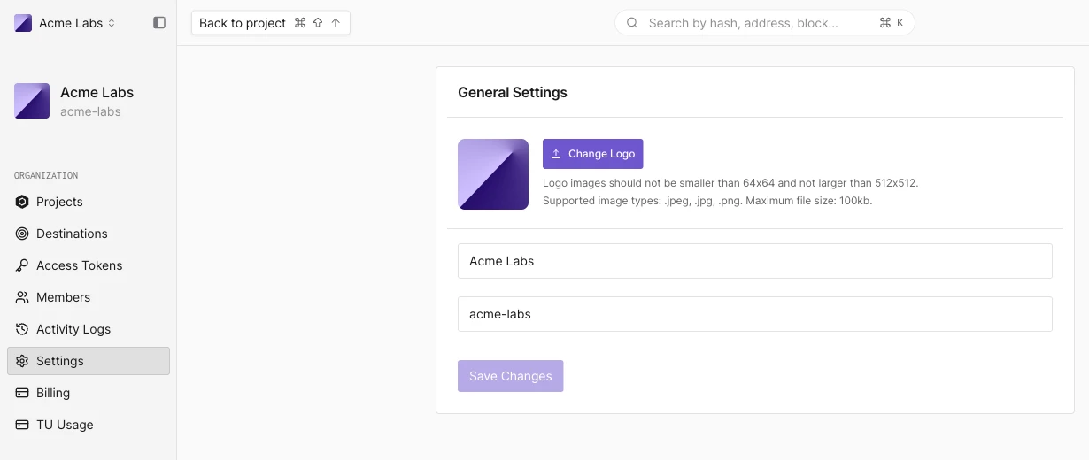 Organization settings sidebar and the General Settings panel