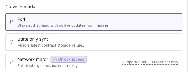 Network mirror option with the Unlock access badge in Create Virtual Environment