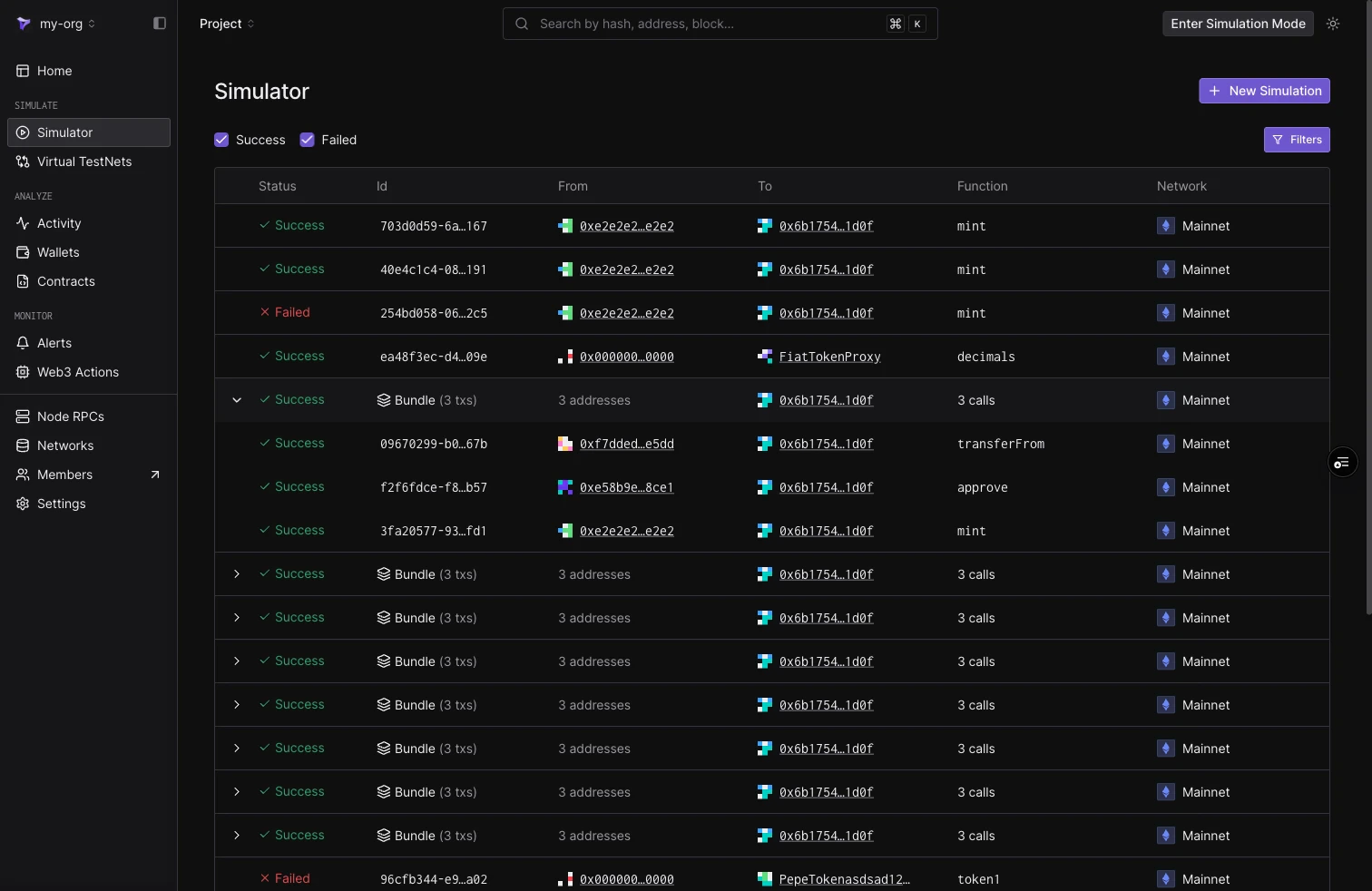 Simulator list with an expanded bundle row showing individual mint, approve, and transferFrom steps, and collapsed Bundle rows with call counts