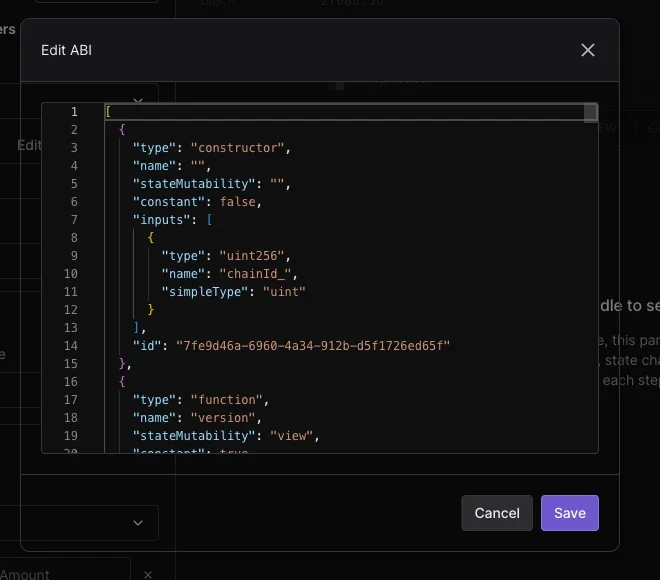 Edit ABI dialog showing the contract ABI as JSON with constructor and function entries, and Cancel and Save buttons