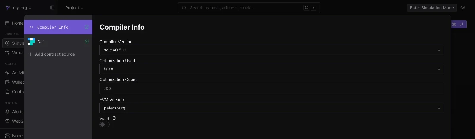 Compiler Info pane showing Compiler Version solc v0.5.12, Optimization Used false, Optimization Count 200, EVM Version petersburg, and a ViaIR toggle