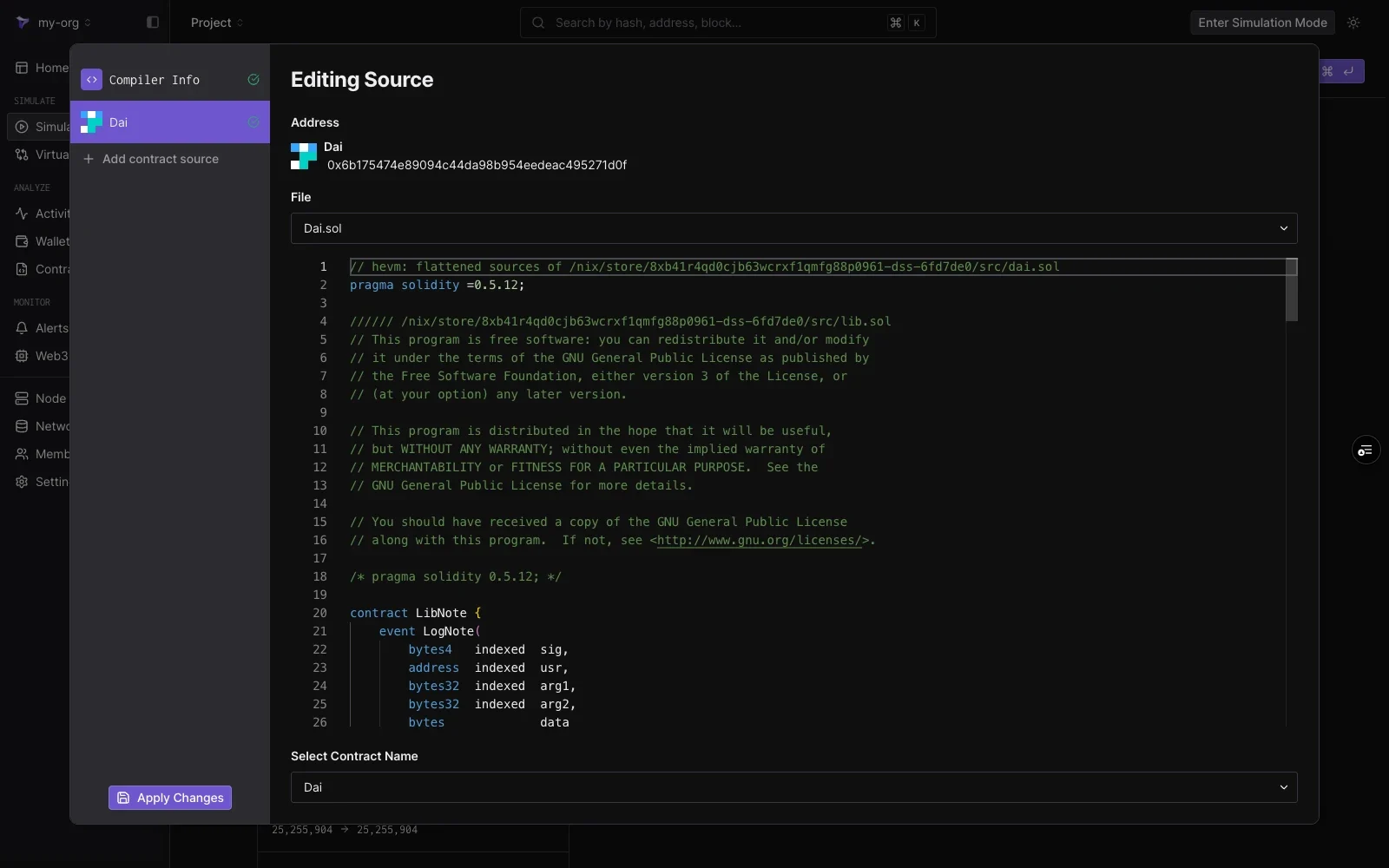Editing Source view showing the Dai contract address, a File dropdown with Dai.sol, the Solidity source in an editor, and a Select Contract Name dropdown, with Compiler Info, the Dai contract entry, Add contract source, and Apply Changes in the left panel