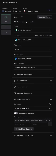 Step editor with Dai mint function, usr and wad arguments filled, and the State overrides section showing the committed wards mapping override