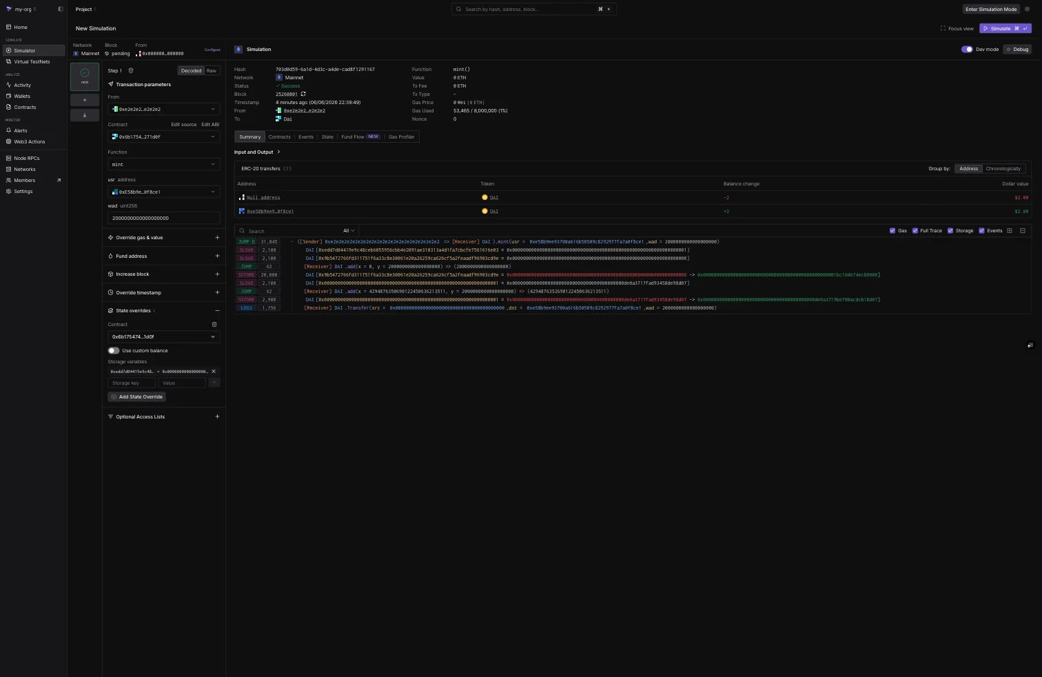 Simulation result showing Status Success for mint(), an ERC-20 transfer row crediting 2 DAI, and the decoded execution trace