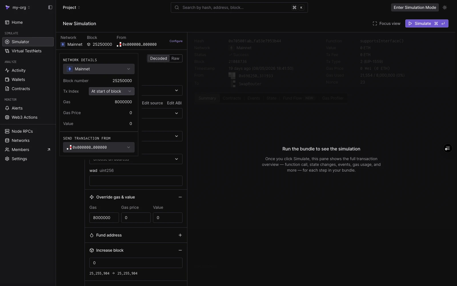 Configure panel showing Network details with Mainnet, a pinned block number, Tx Index set to At start of block, Gas, Gas Price, Value, and the Send transaction from address