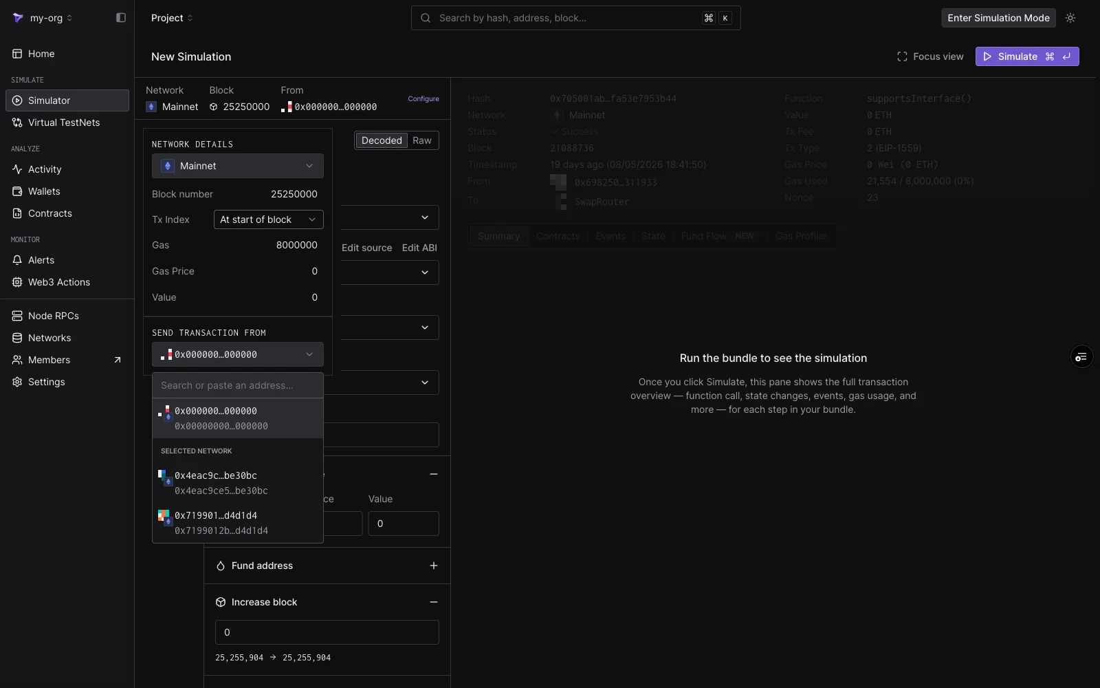 Send transaction from dropdown open, showing a search input, the zero address, and two project wallets grouped under Selected network