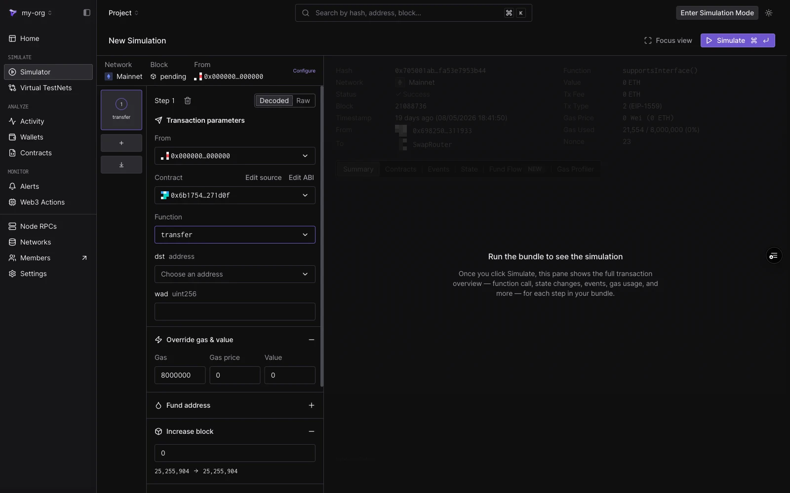 Step editor showing the Dai contract selected, the transfer function with dst address and wad uint256 inputs, and the Override gas & value, Fund address, and Increase block cheatcodes