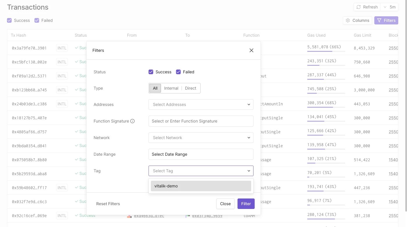 Filters panel with Tag field