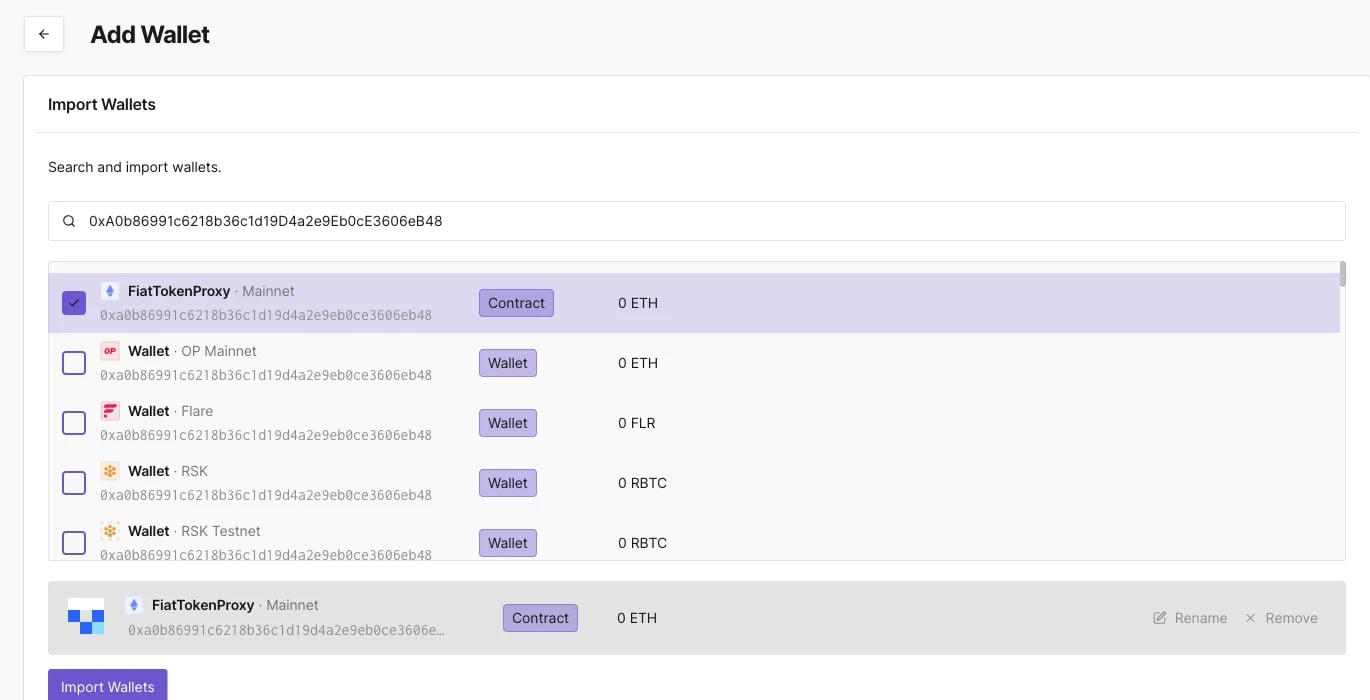 Add Wallet search results, including a Contract-labeled row