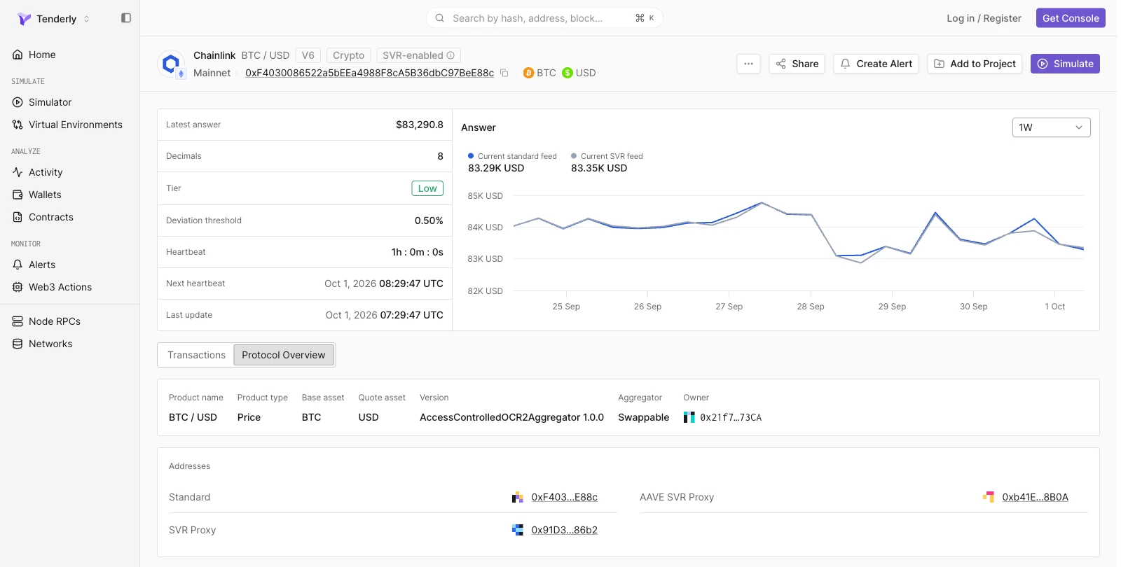 Chainlink BTC/USD feed पर Protocol Overview tab जिसमें product name, product type, base और quote assets, aggregator version, swappable aggregator, owner, और standard और SVR proxy addresses दिख रहे हैं
