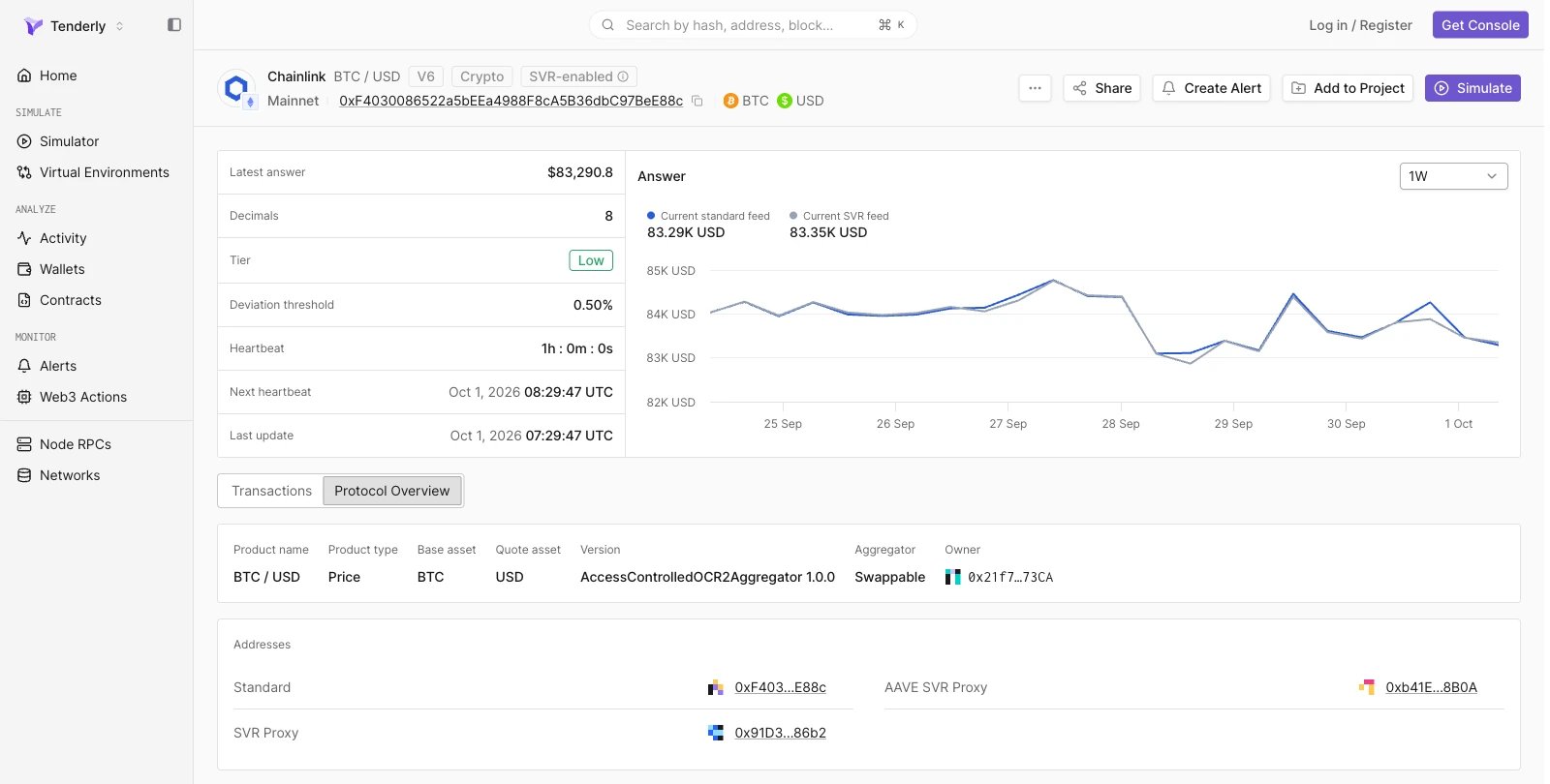 Chainlink BTC/USD 喂价上的 Protocol Overview 标签页,显示 product name、product type、基础资产和计价资产、聚合器版本、swappable aggregator、所有者,以及标准代理和 SVR 代理地址